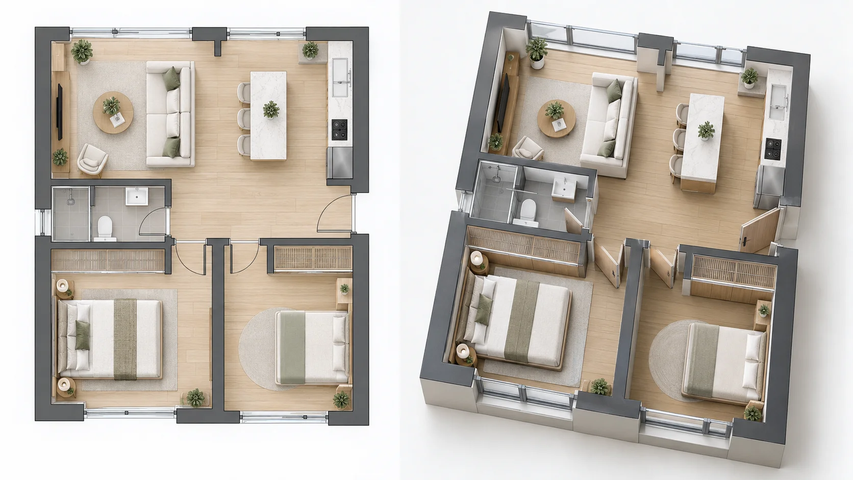 2D residential plan converted into a high-angle elevated 3D architectural visualization