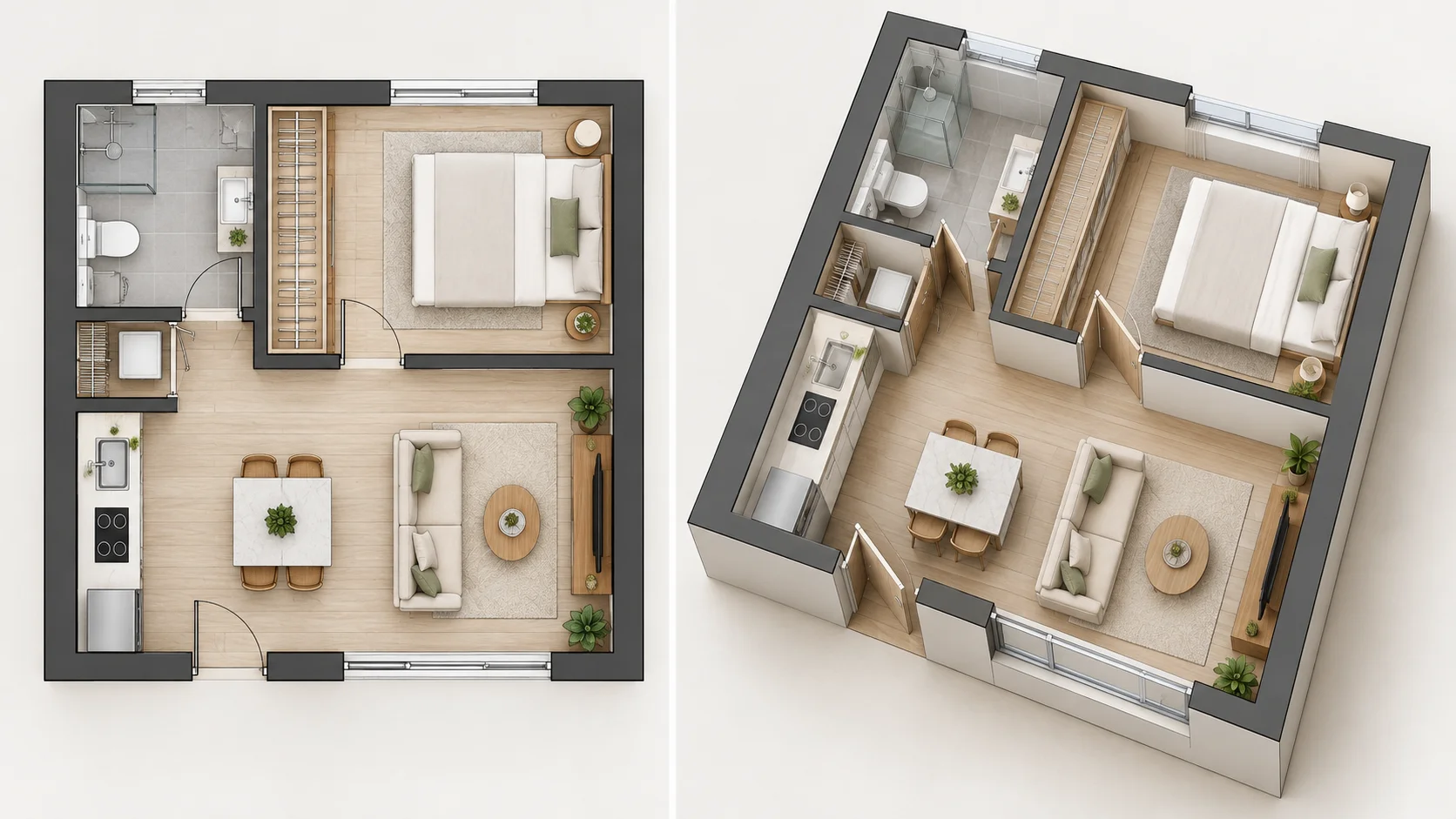 Apartment 2D floor plan transformed into an elevated isometric 3D visualization