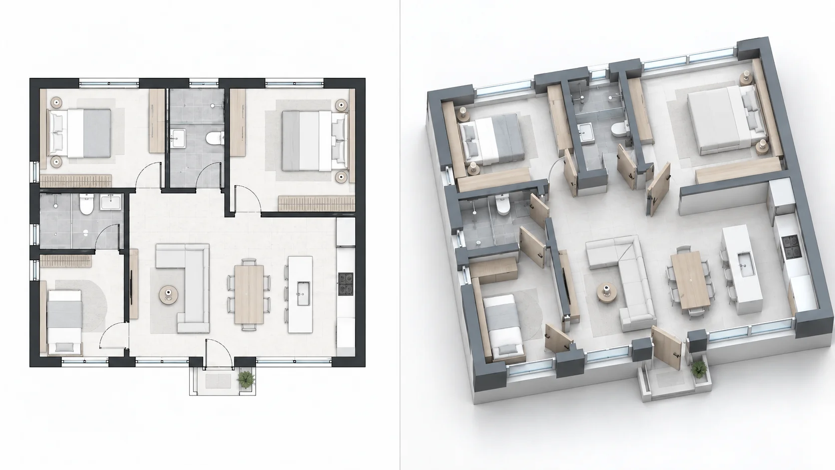 Architectural 2D plan converted into a clean elevated isometric 3D layout visualization