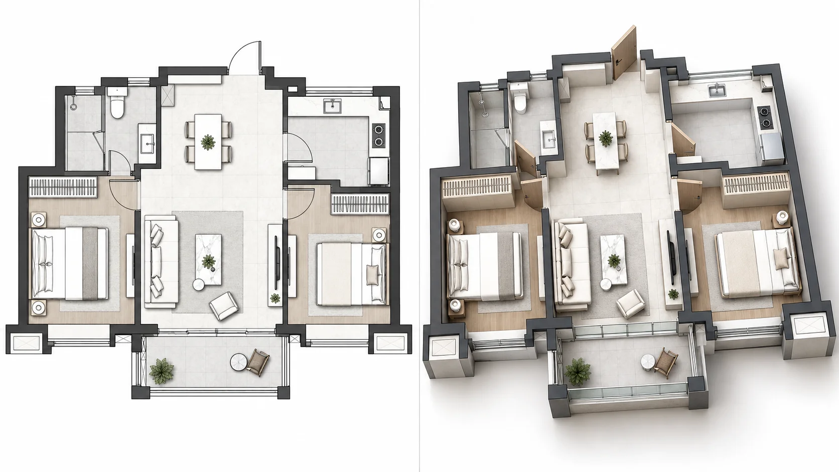 Residential 2D plan converted into an elevated isometric 3D architectural view