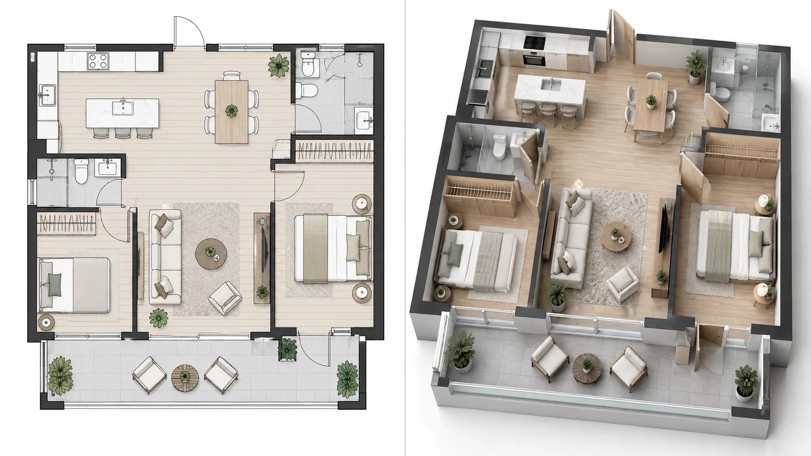 Flat 2D floor plan transformed into a raised-wall three-dimensional architectural layout