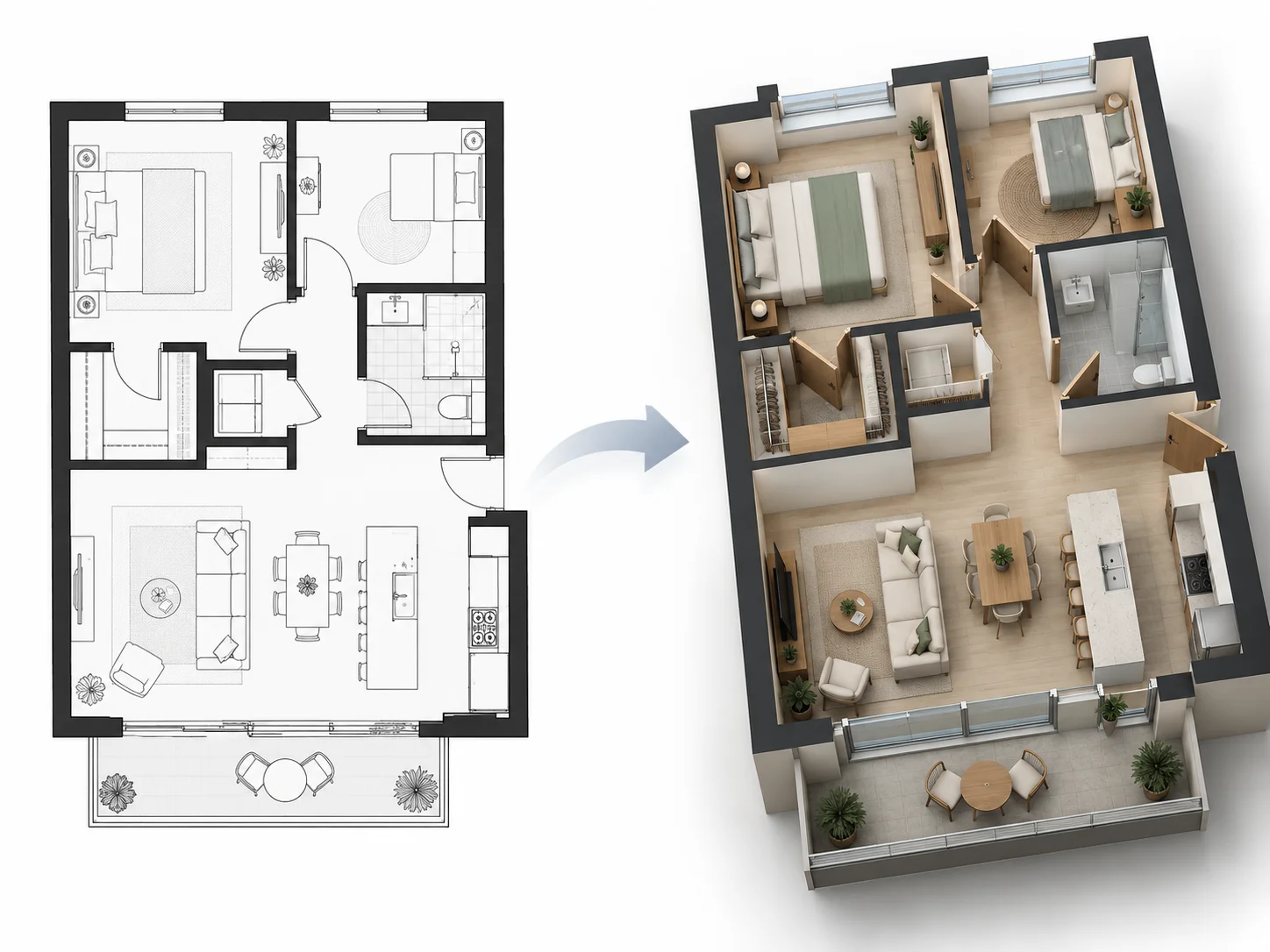 2D floor plan transformed into an elevated isometric 3D architectural visualization with AI