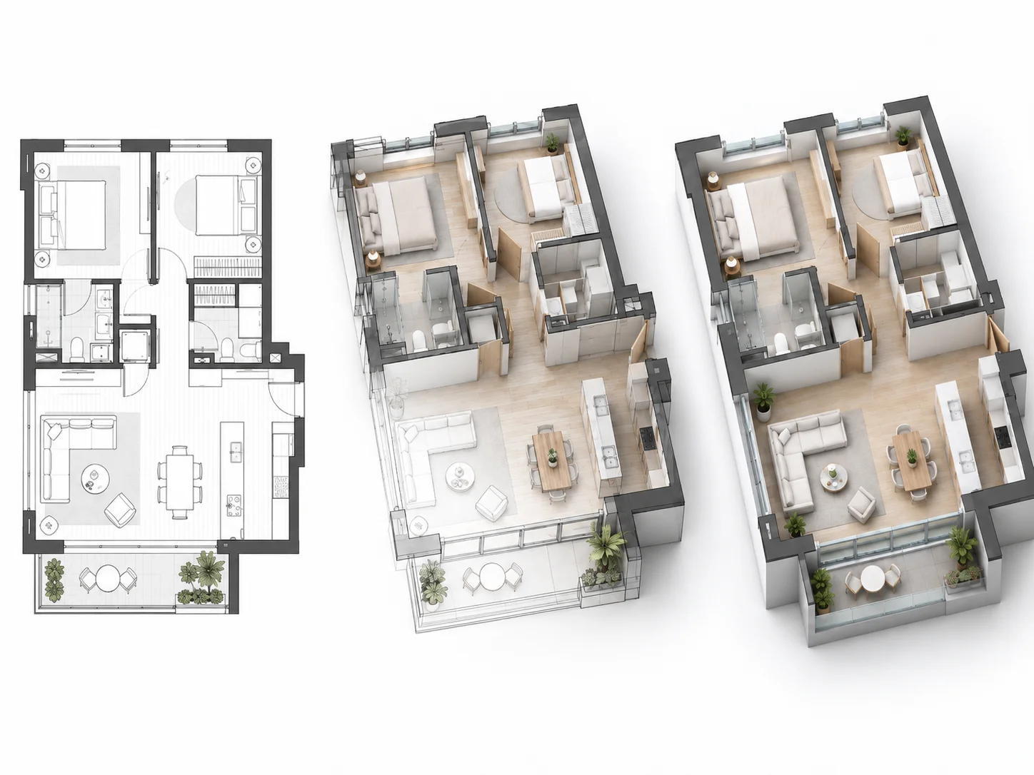 2D architectural floor plan shown transforming into an elevated three-dimensional visualization
