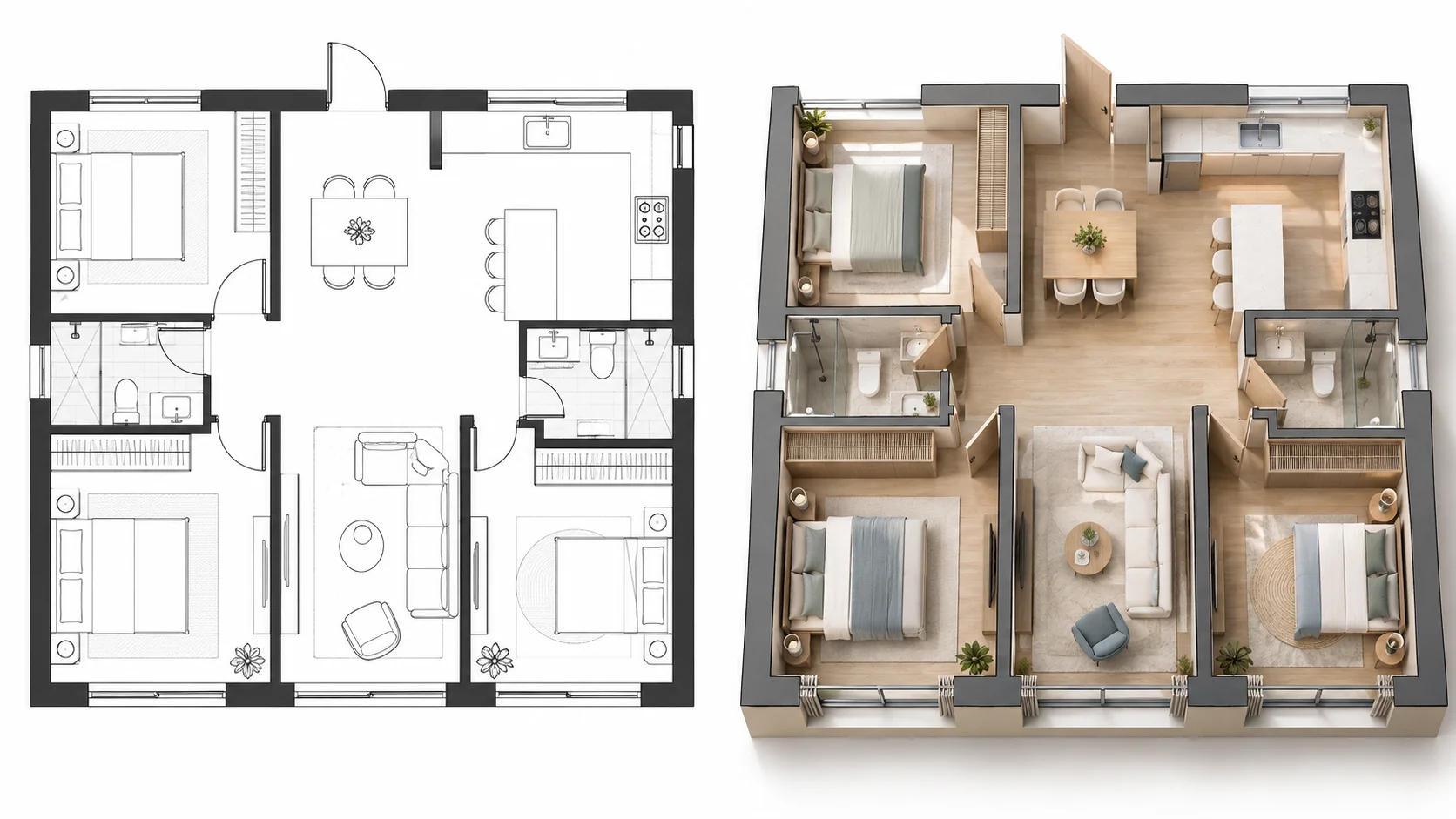 Apartment architectural layout drawing converted into an isometric 3D visualization