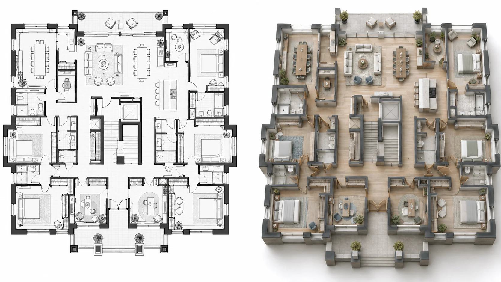 Complex multi-room architectural floor plan transformed into an isometric 3D visualization