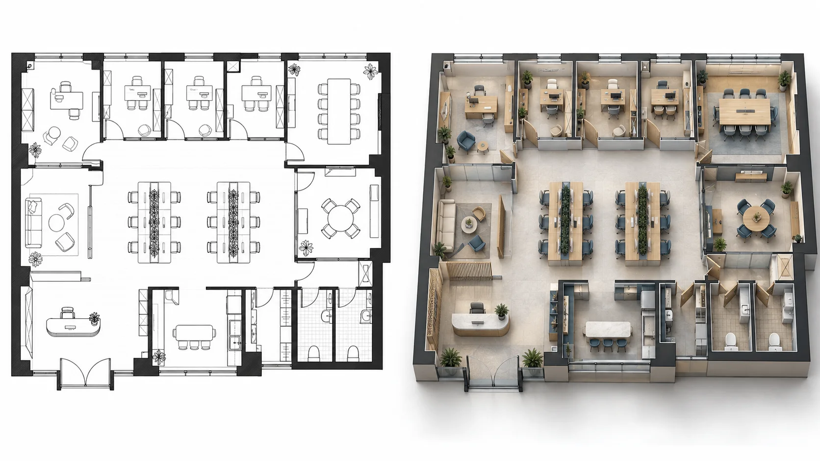 2D office architectural plan transformed into a clear 3D workspace visualization