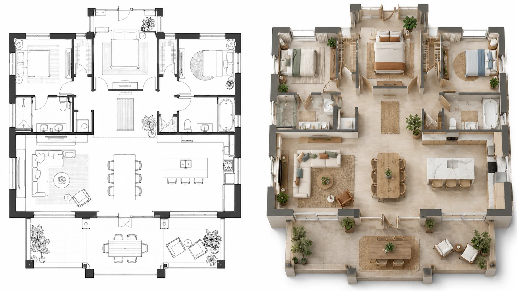 Residential architectural floor plan shown beside its realistic 3D visualization