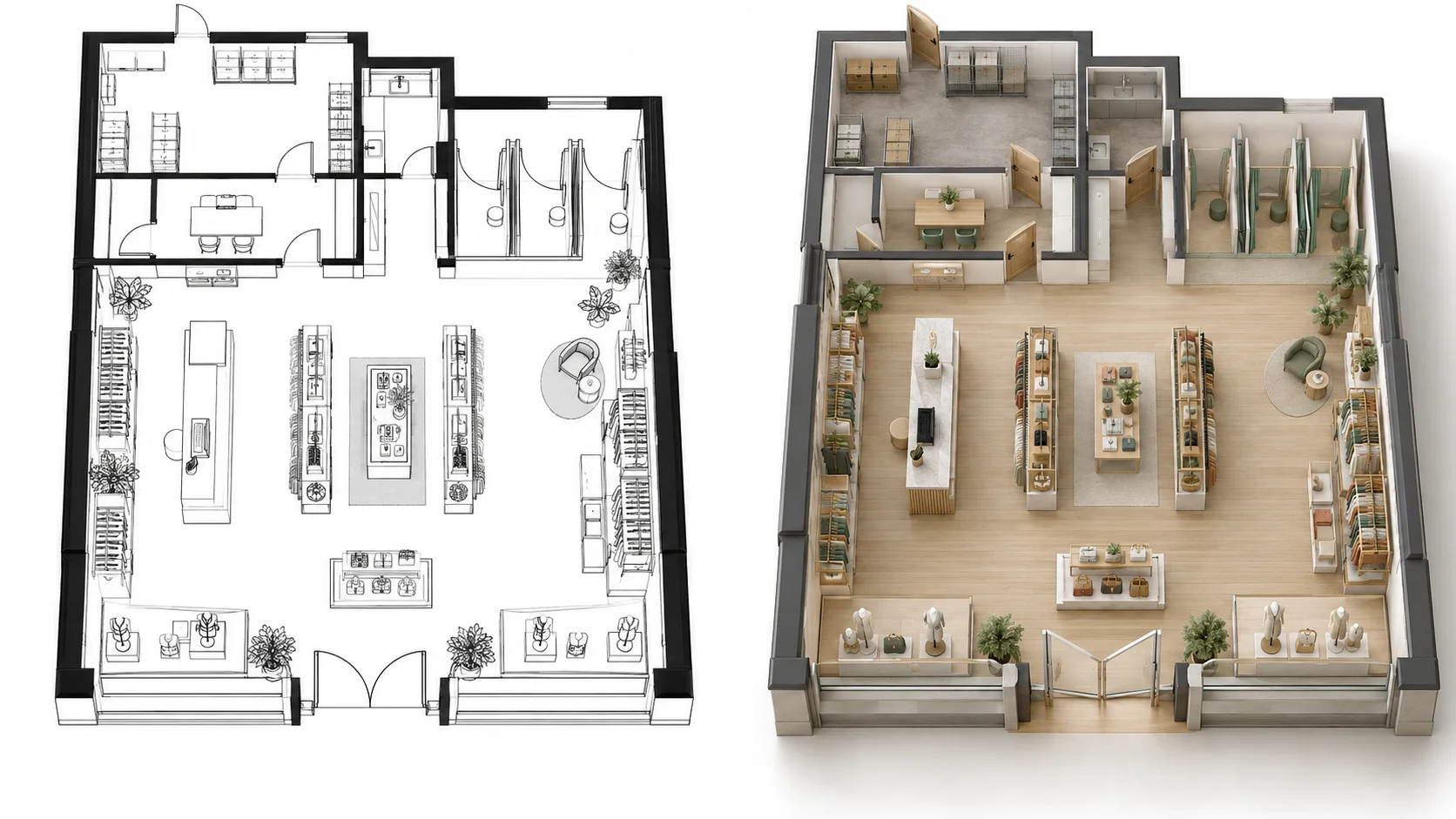 Retail architectural floor plan converted into an aerial three-dimensional layout