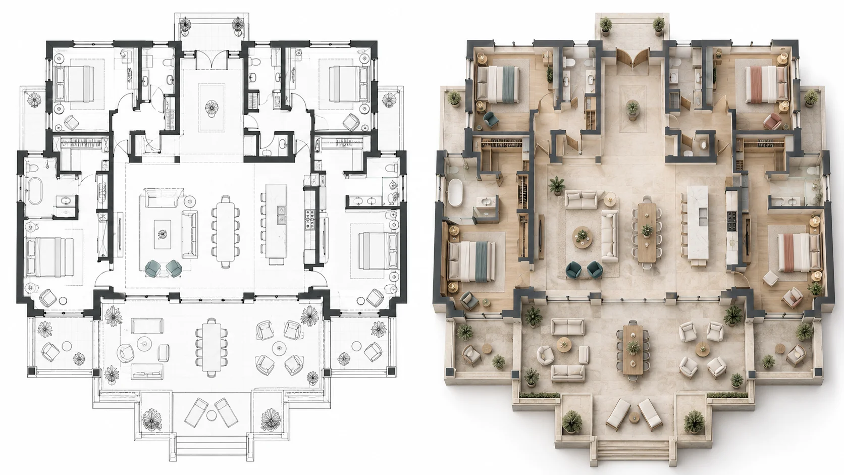 Large villa architectural plan transformed into a polished 3D floor plan visualization