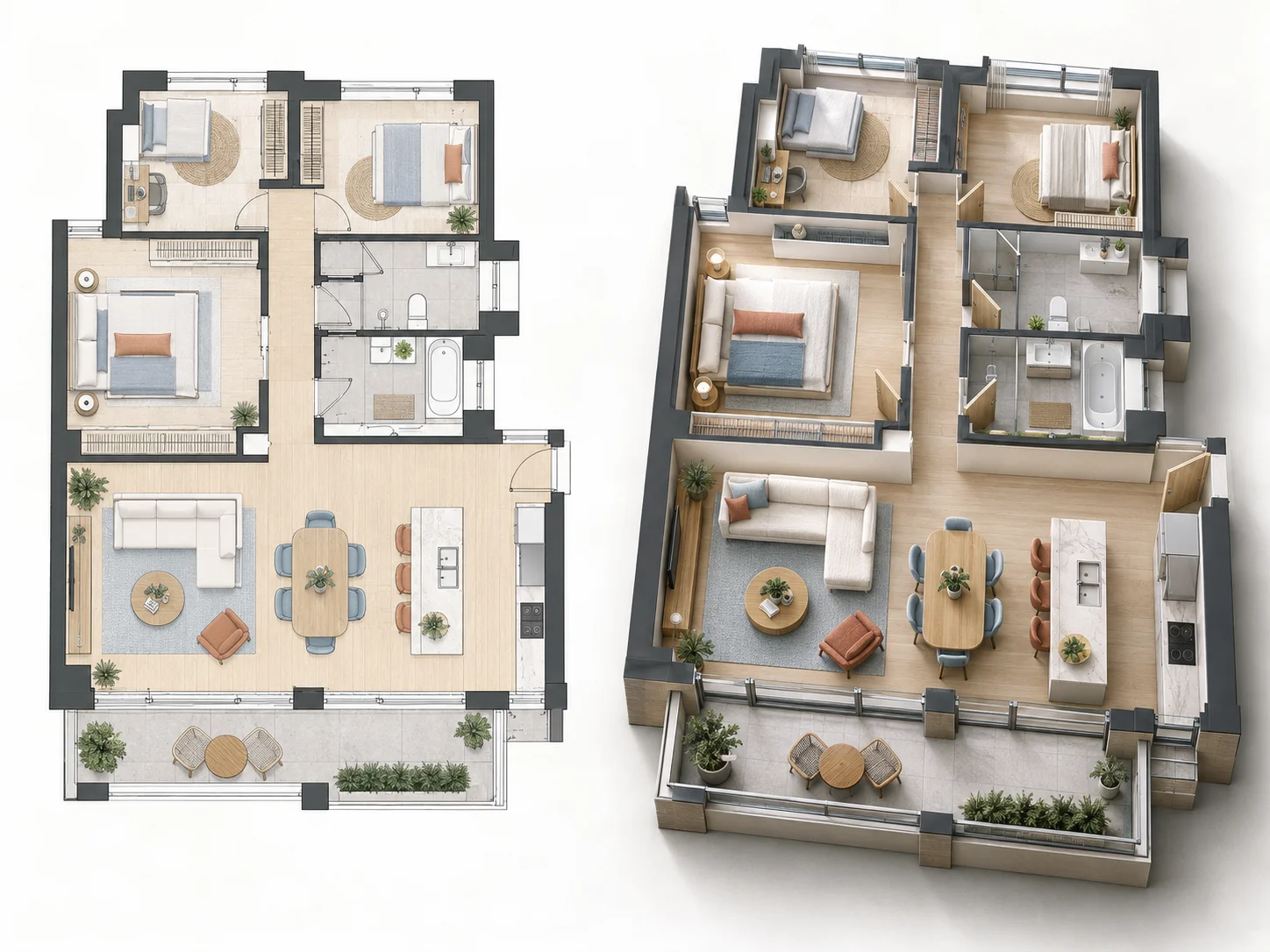 2D architectural floor plan transformed into a realistic 3D architectural visualization with AI