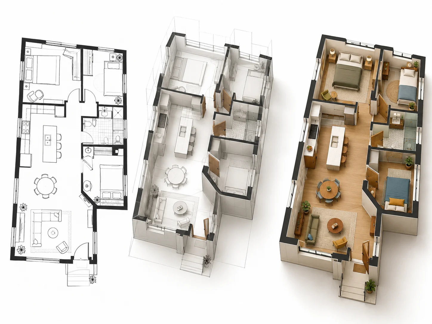 Architectural diagram showing a 2D floor plan transformed into a three-dimensional architectural visualization
