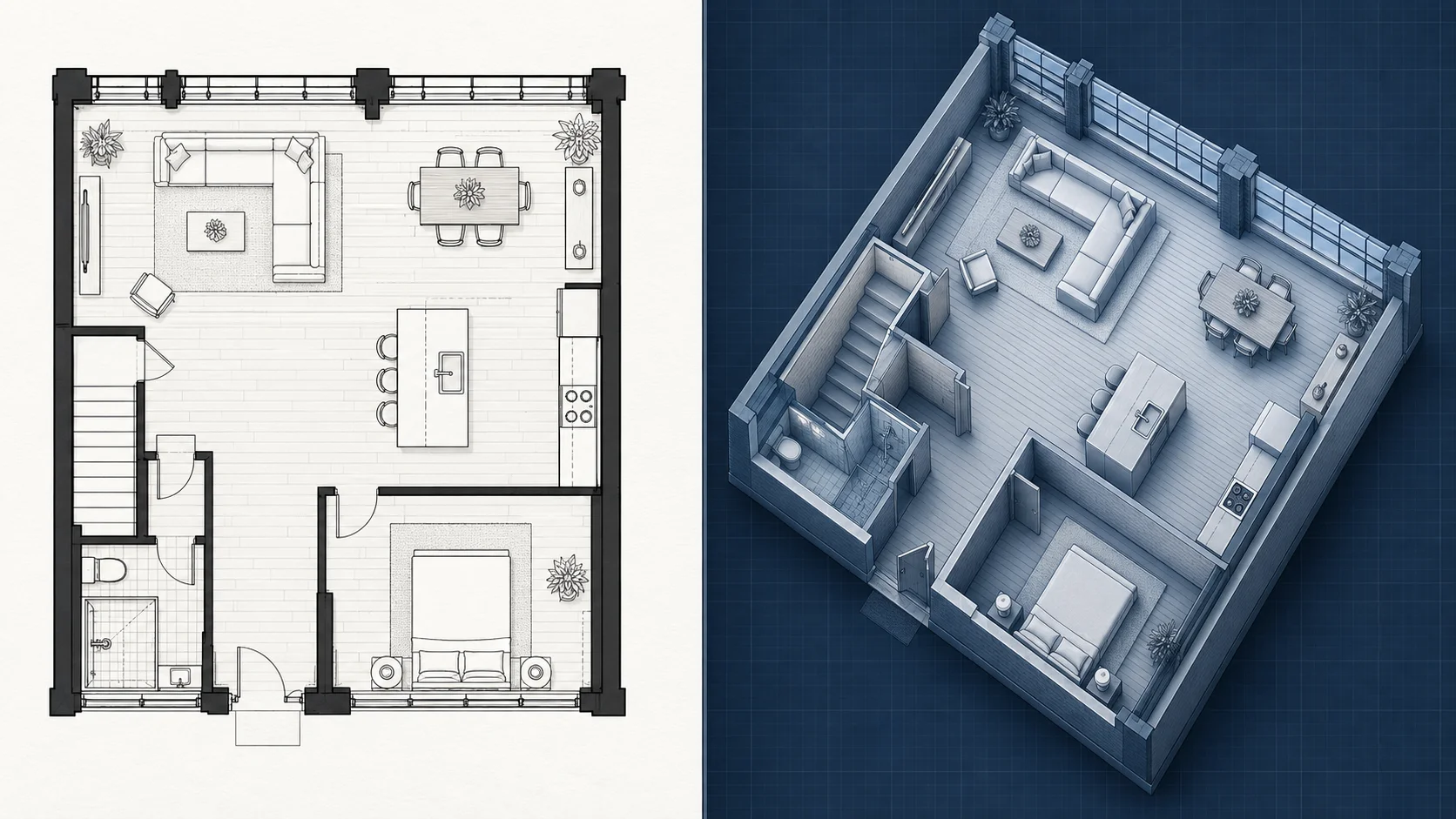 Isometric blueprint-style 3D visualization matched to the original floor plan