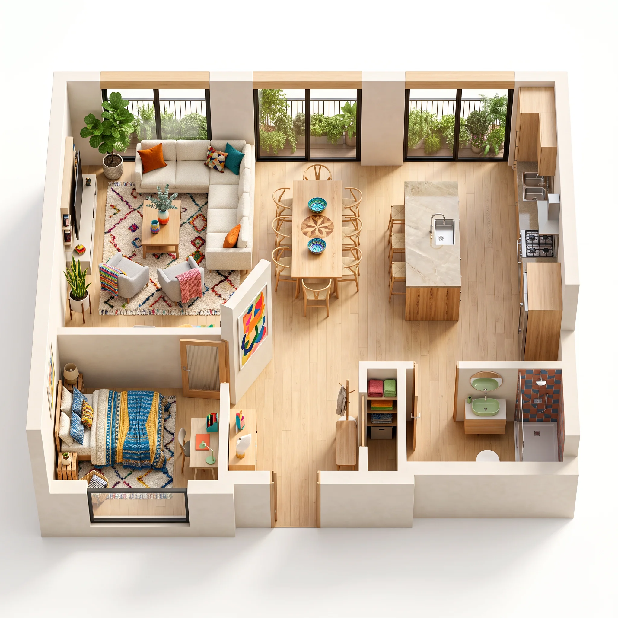 Realistic 3D floor plan rendering of a contemporary apartment from a bird's-eye view