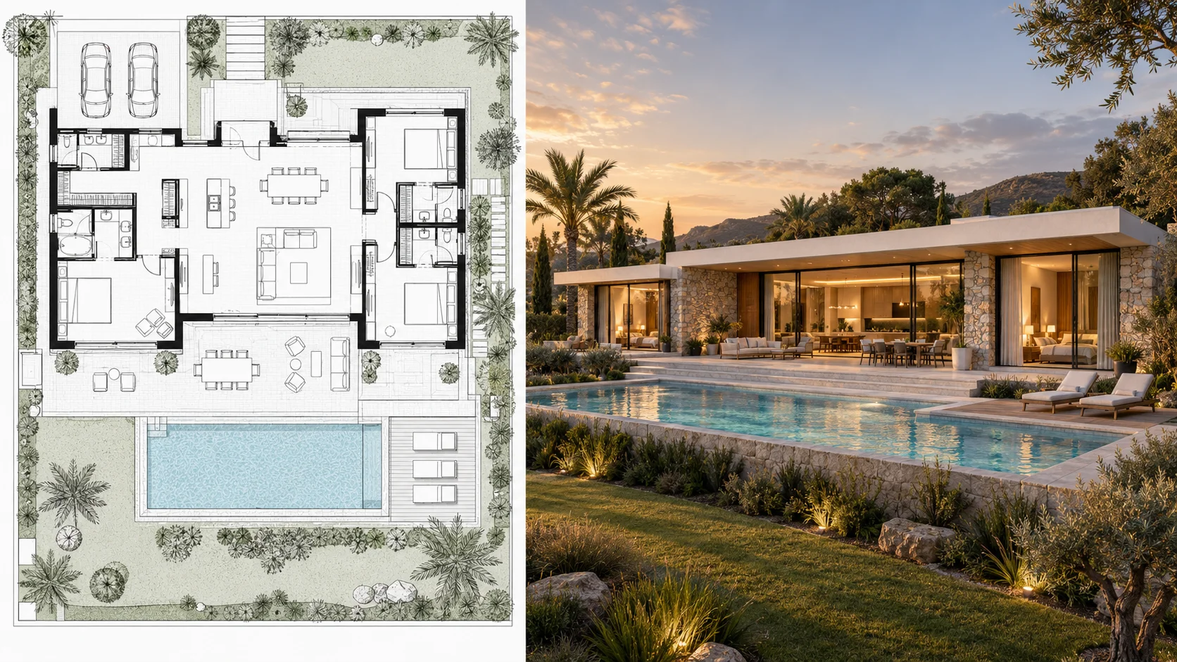 Luxury villa floor plan paired with a golden-hour exterior rendering