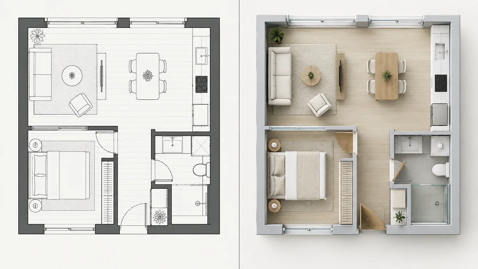Minimal top-down 3D rendering of an apartment beside its original floor plan