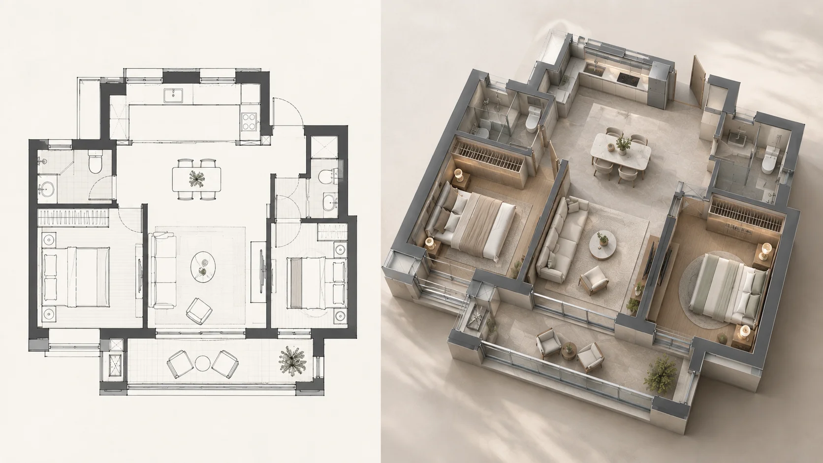 Before-and-after family home floor plan with a realistic daylight bird's-eye rendering