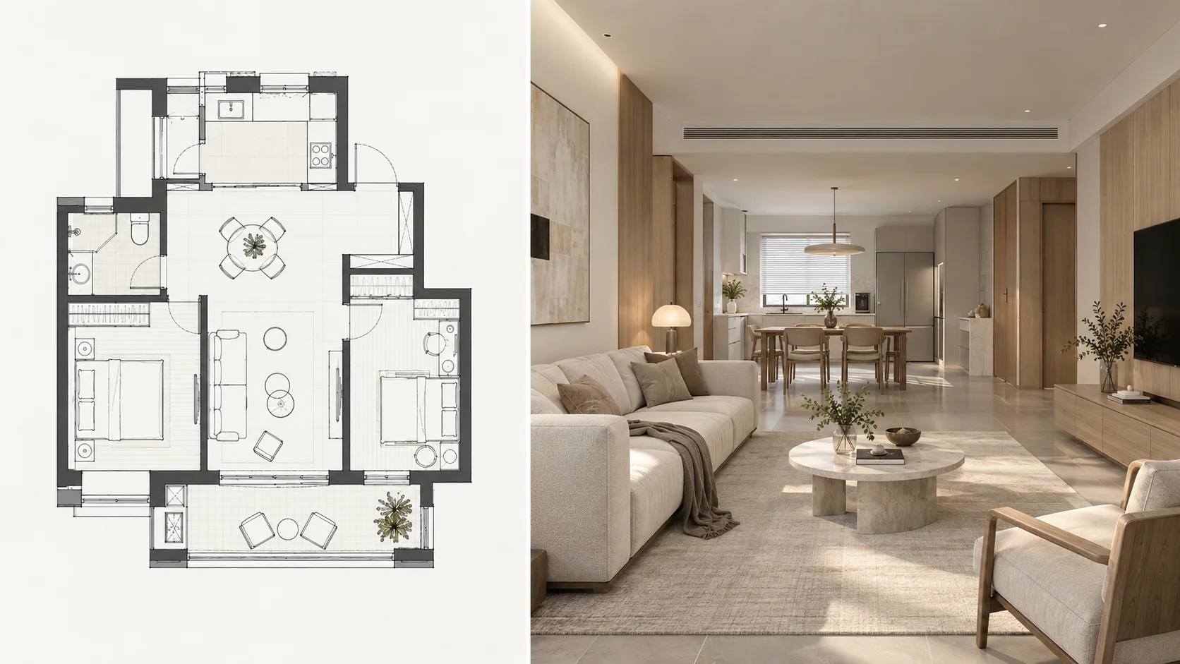 Scandinavian walk-through rendering created from the matching apartment floor plan