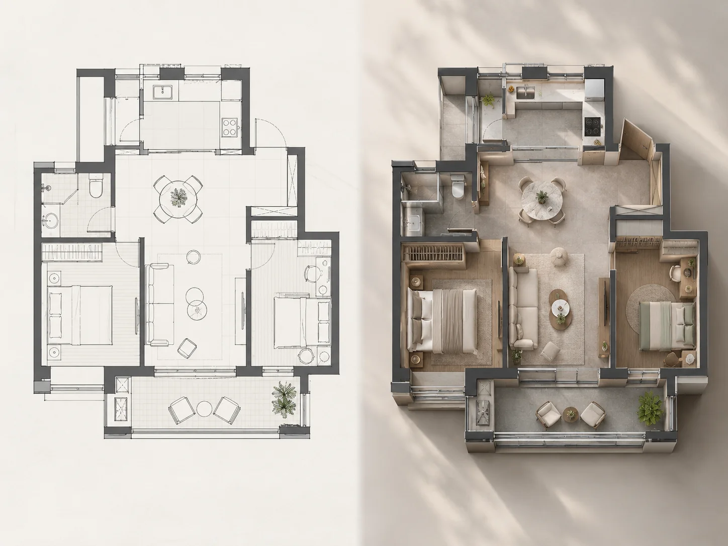 Architectural comparison showing a 2D floor plan transformed into a 3D visualization
