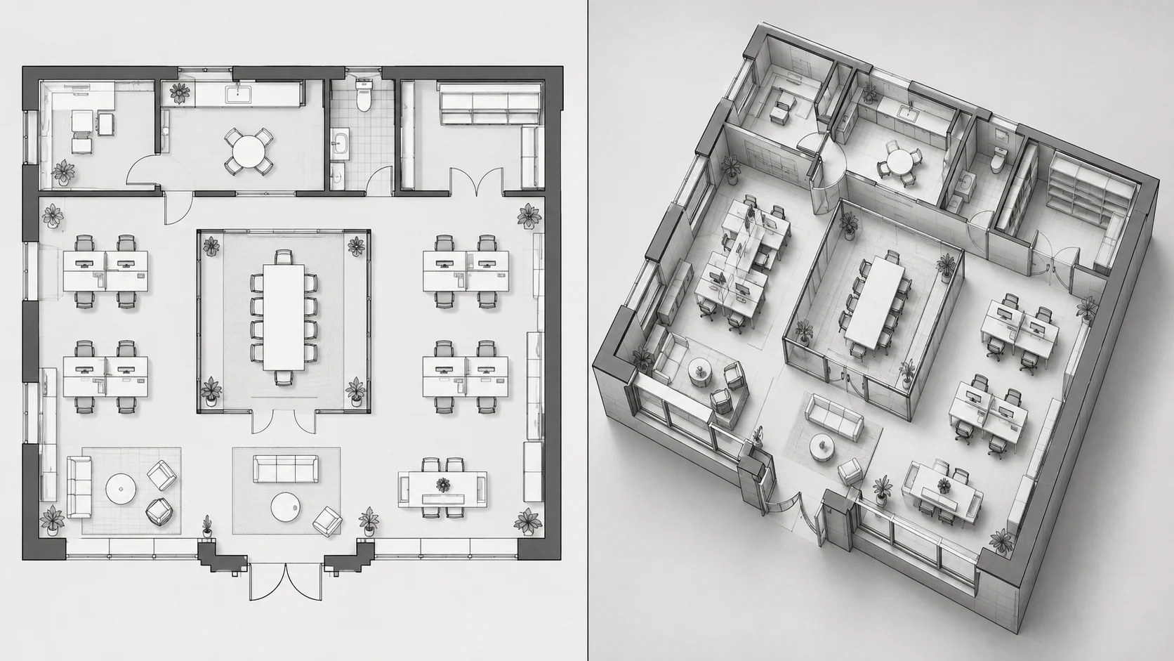 Bird's-eye wireframe rendering showing the spatial structure of the original floor plan