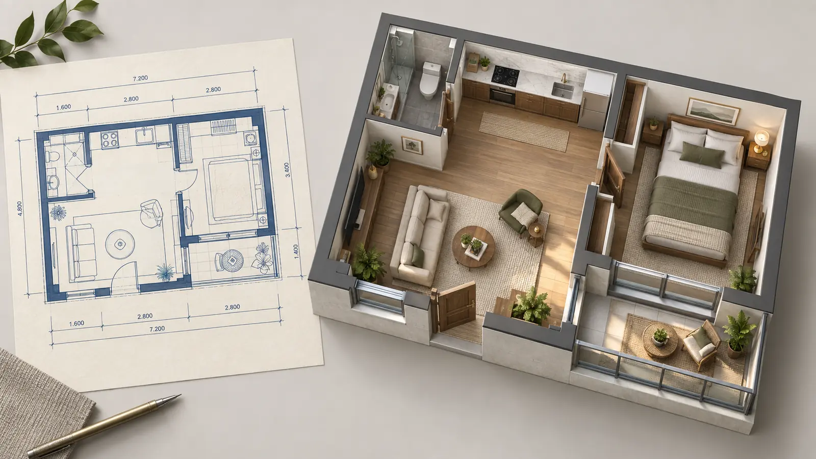 A one-bedroom apartment blueprint sheet beside the matching furnished 3D layout and balcony