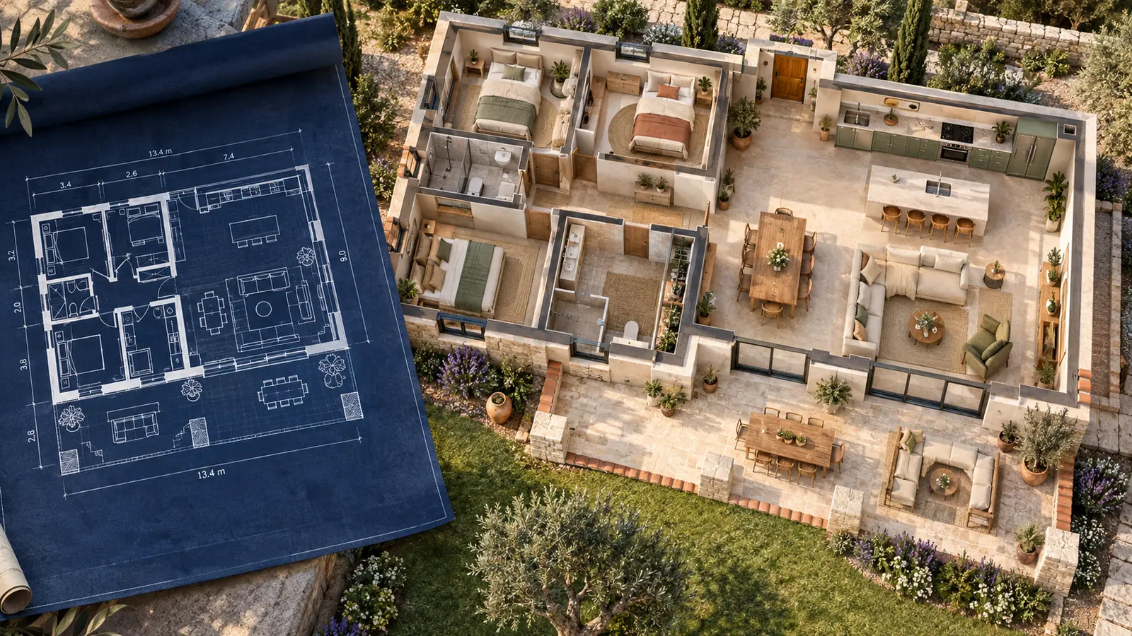 A three-bedroom family home blueprint beside a Mediterranean-style 3D home with a front terrace
