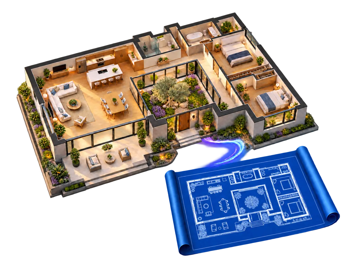 A furnished courtyard house above a matching blueprint with the same central garden, living wing, two bedrooms, and terrace