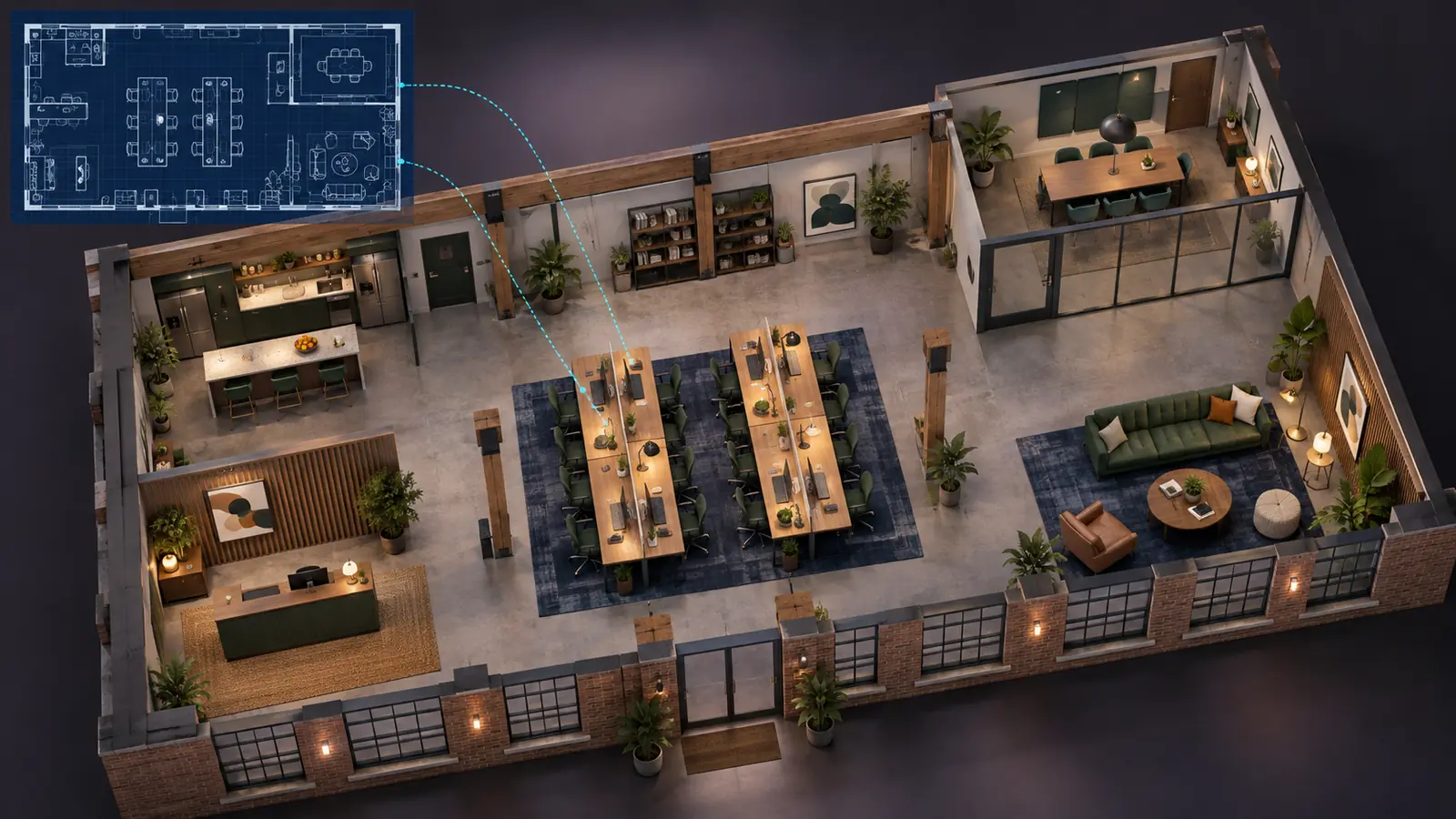 An industrial creative office in 3D with a corresponding architectural office blueprint inset