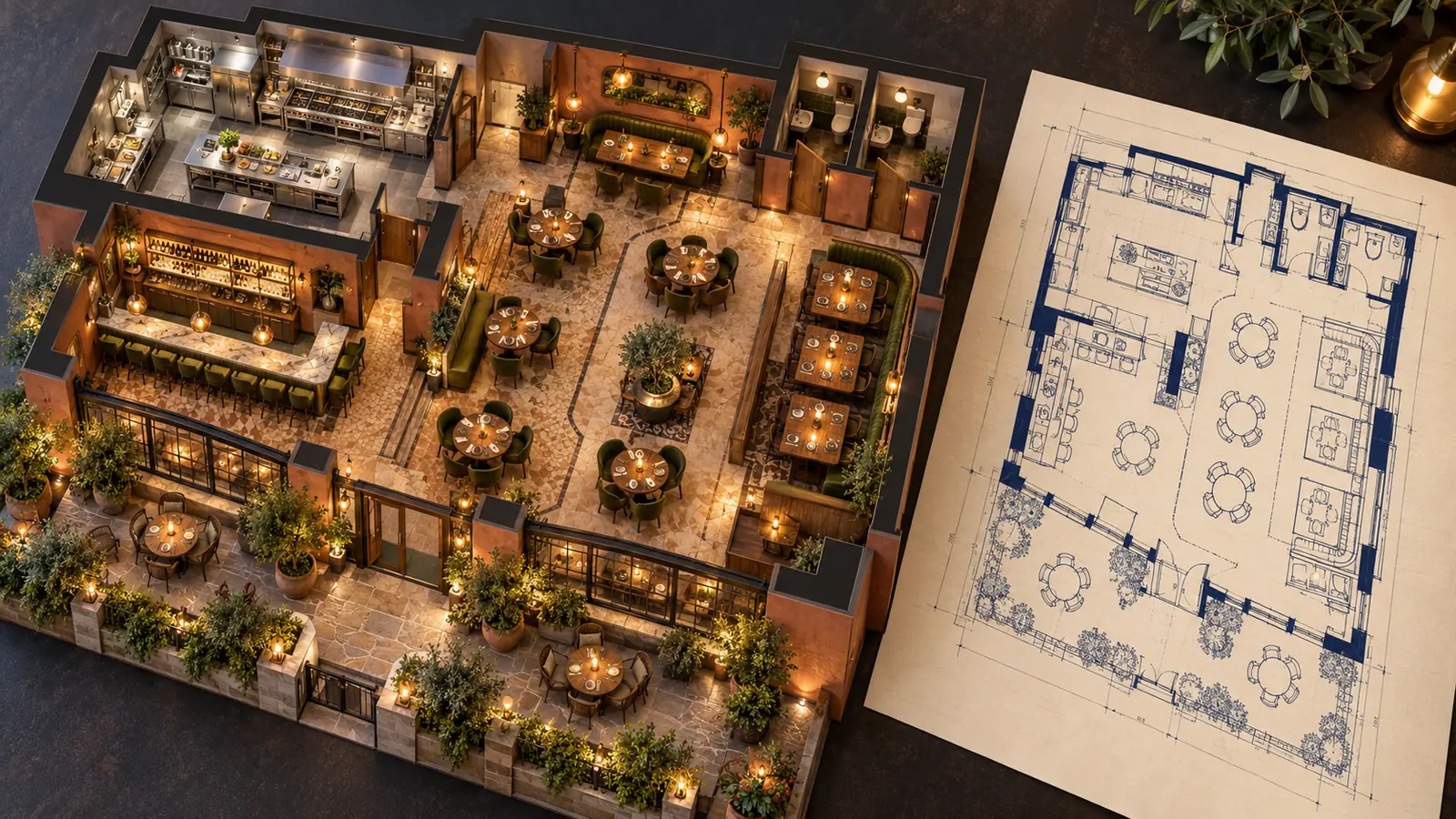 A bistro blueprint beside the matching 3D restaurant with kitchen, bar, dining, and garden patio
