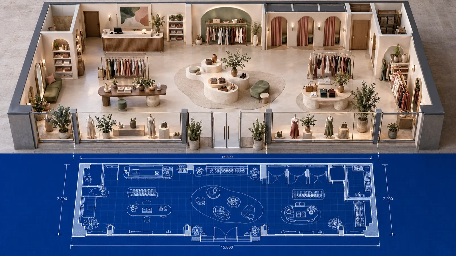A wide boutique retail 3D showroom above a corresponding blue architectural store plan