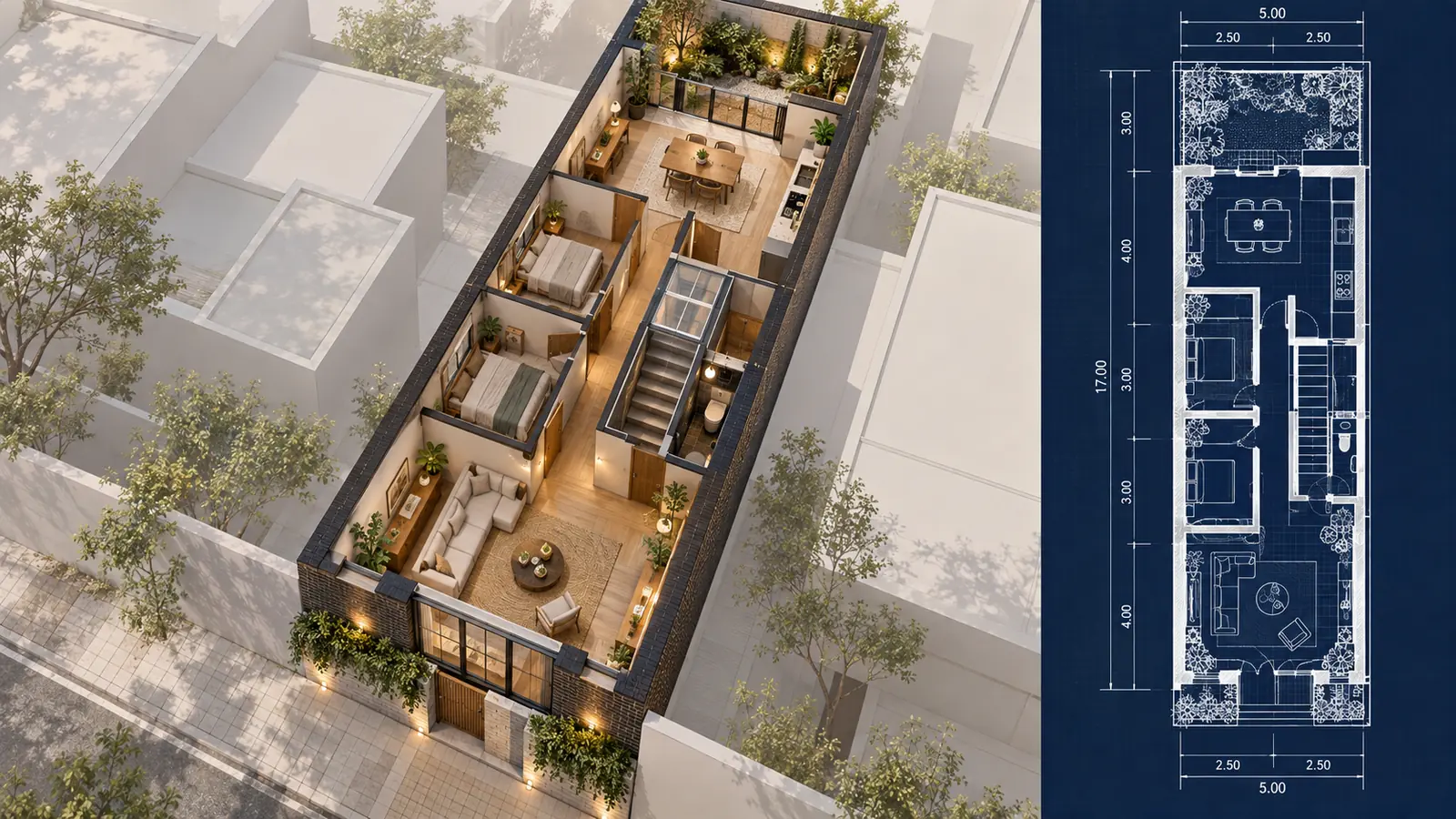 A narrow townhouse shown in furnished 3D beside its long matching residential blueprint