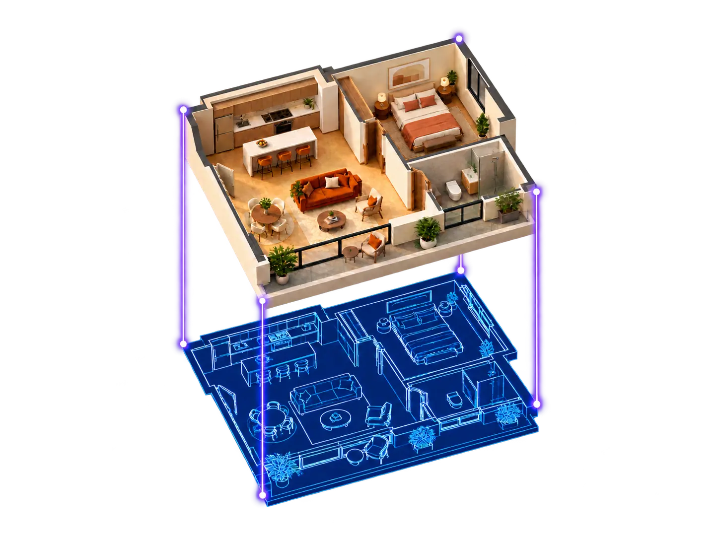 A one-bedroom cutaway loft above its matching blueprint, with four vertical lines linking corresponding corners