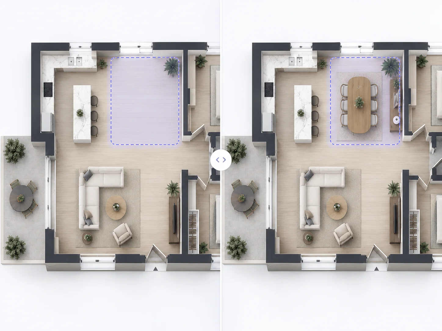 Plano antes y después de añadir muebles y elementos de diseño con IA