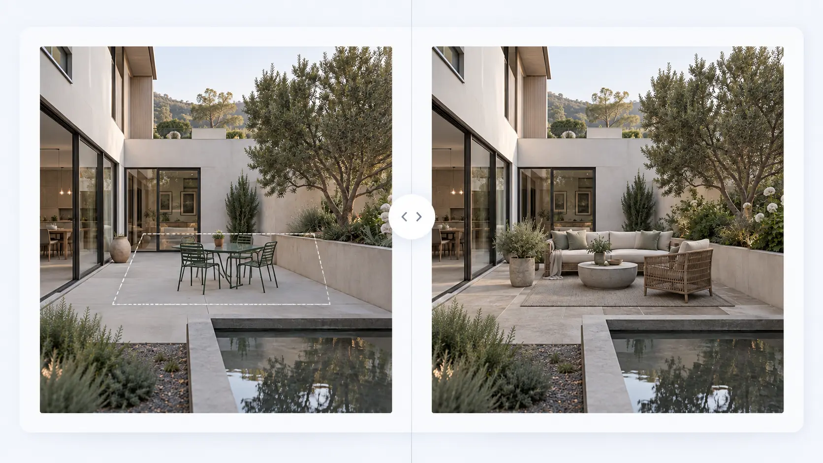 Visualización arquitectónica antes y después de refinar con IA un área seleccionada