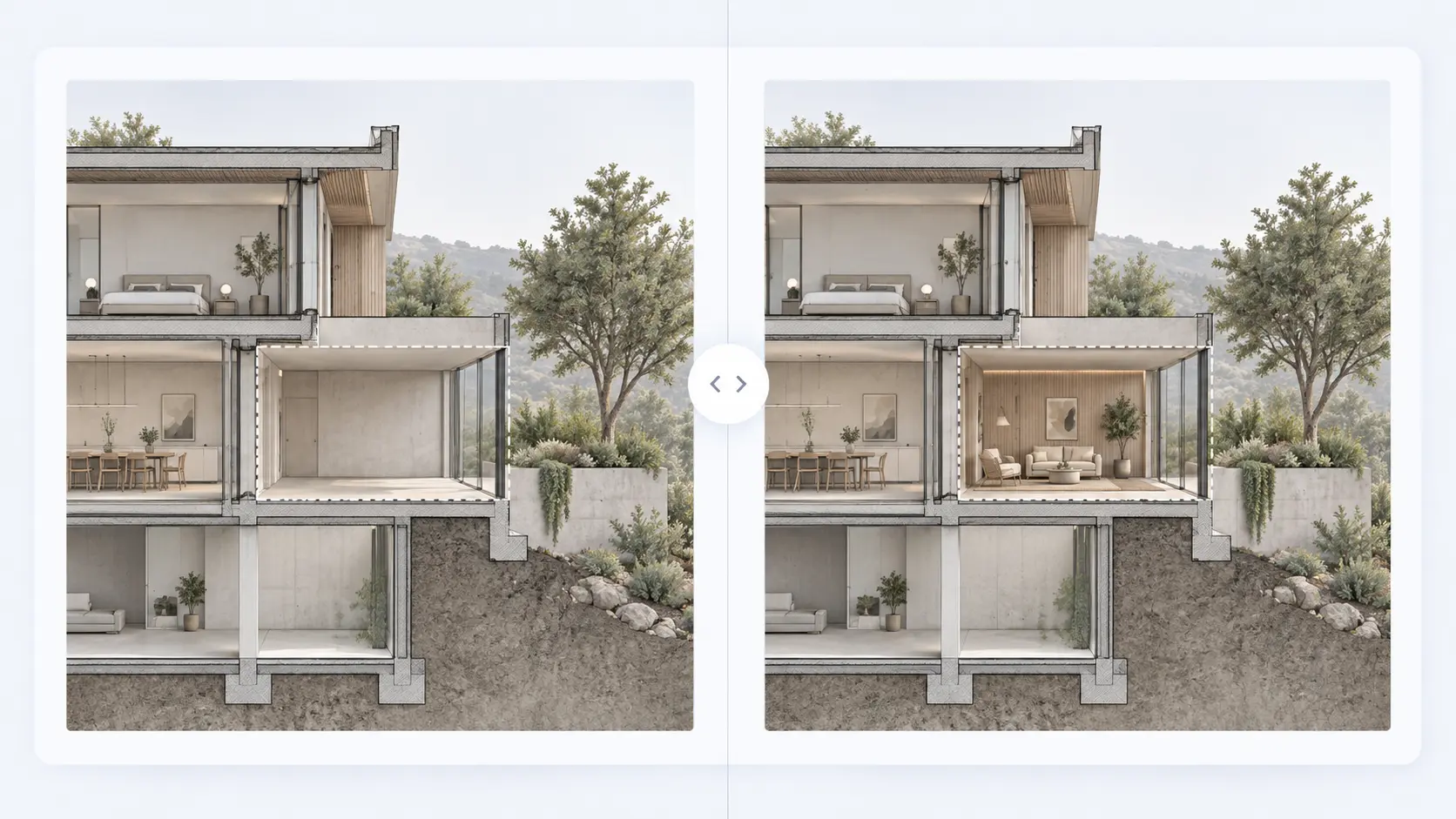 Dibujo de sección arquitectónica antes y después de editar con IA un área seleccionada