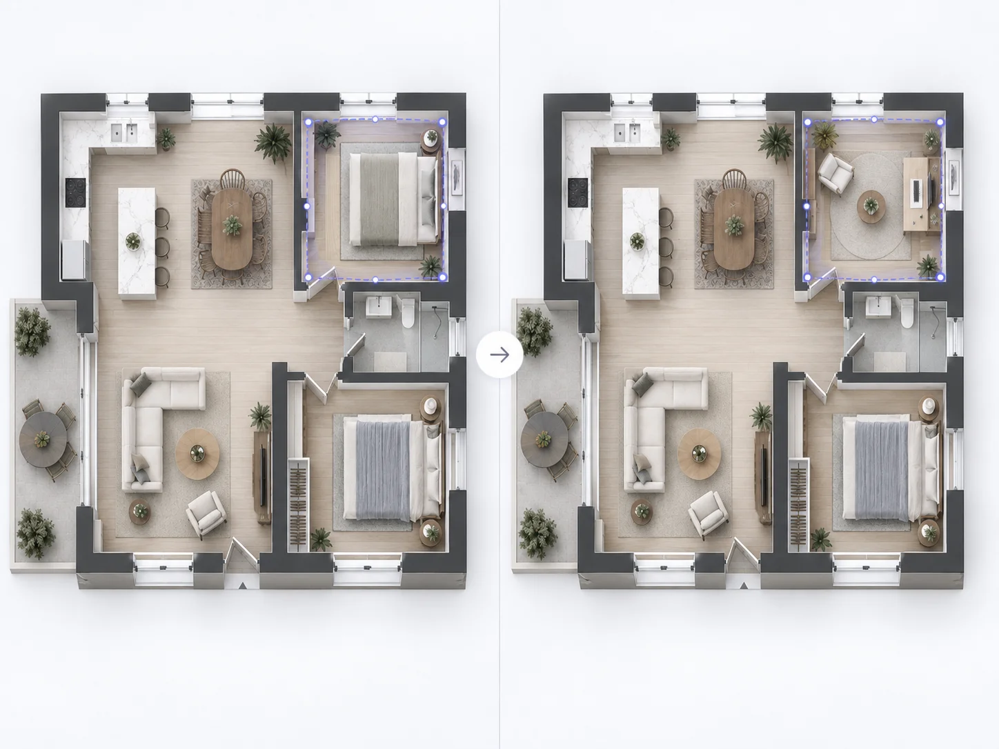 Plano antes y después de rediseñar con IA un área seleccionada