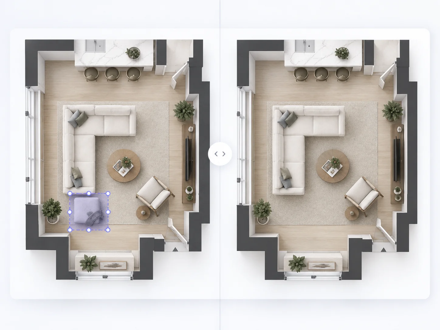 Plano antes y después de eliminar muebles no deseados con IA