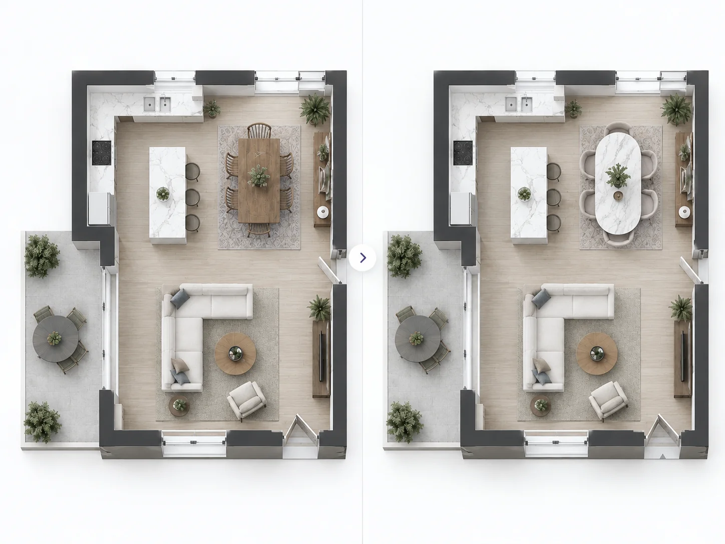 Plano antes y después de sustituir muebles con IA