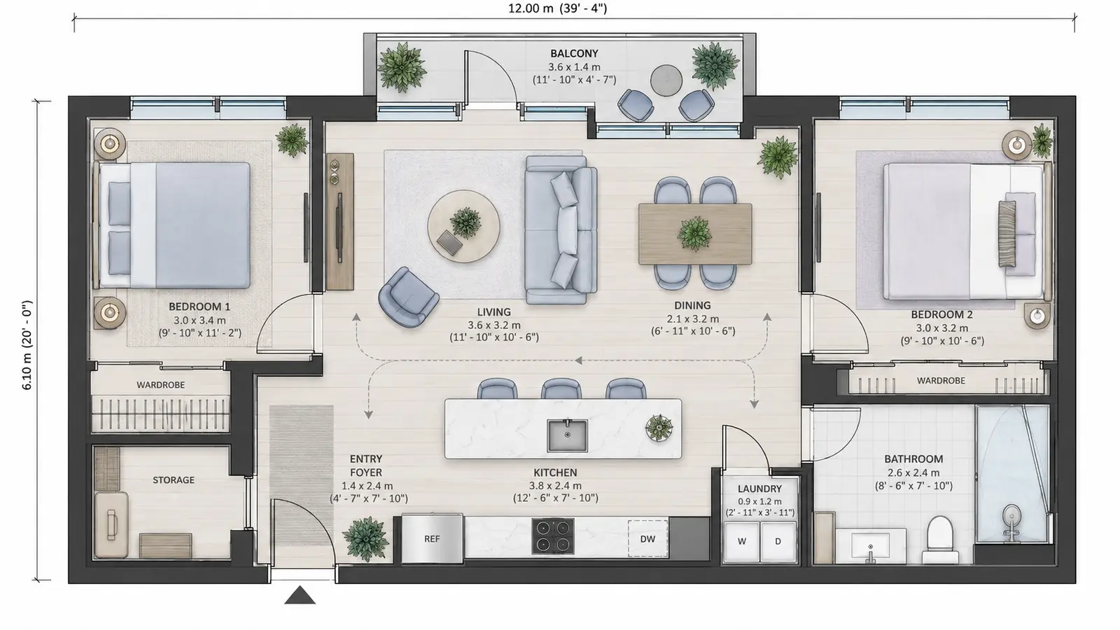 Un plan 2D détaillé d'appartement compact avec zone salon-cuisine ouverte, pièces nommées et circulation efficace