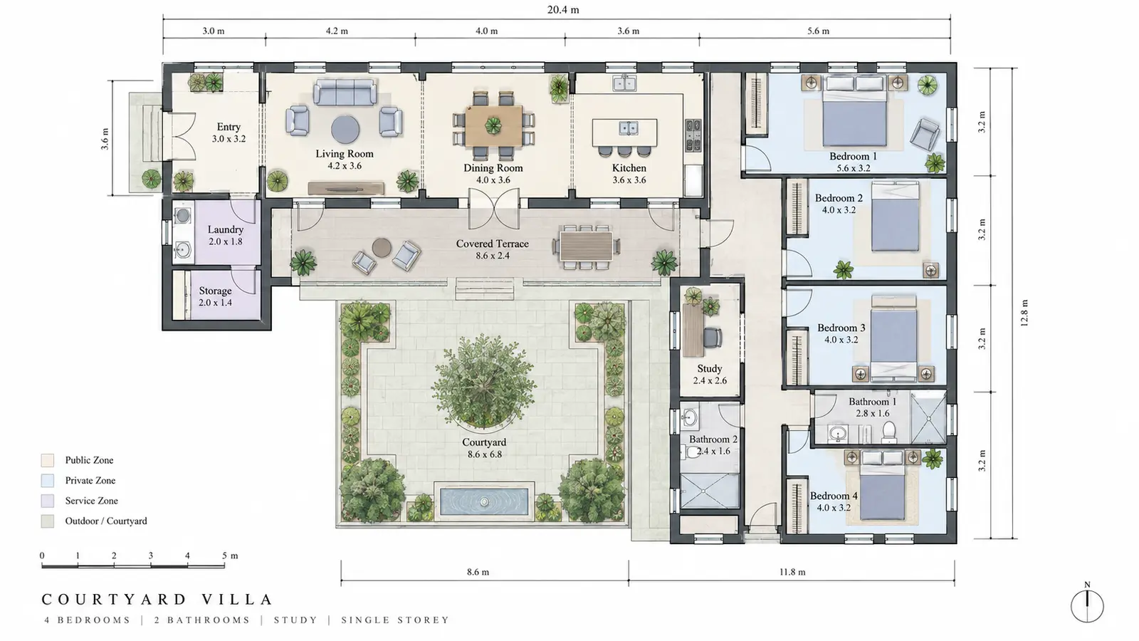 Plan 2D détaillé d’une villa à patio organisée autour d’une cour centrale plantée, avec quatre chambres et des espaces de vie partagés