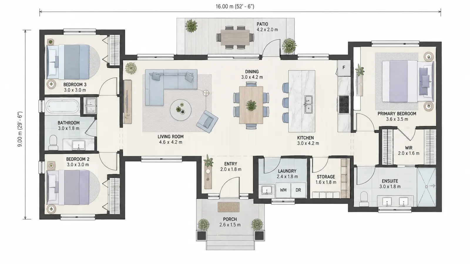 Un plan 2D détaillé de maison familiale moderne avec espaces de vie ouverts, chambres privées, symboles de mobilier et circulation claire