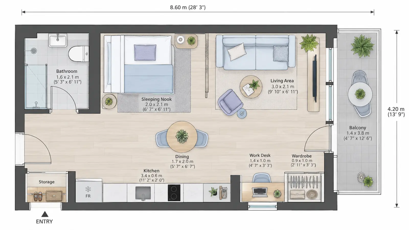Plan 2D détaillé et meublé d’un studio avec coin nuit, séjour, cuisine, salle de bain, rangement et balcon