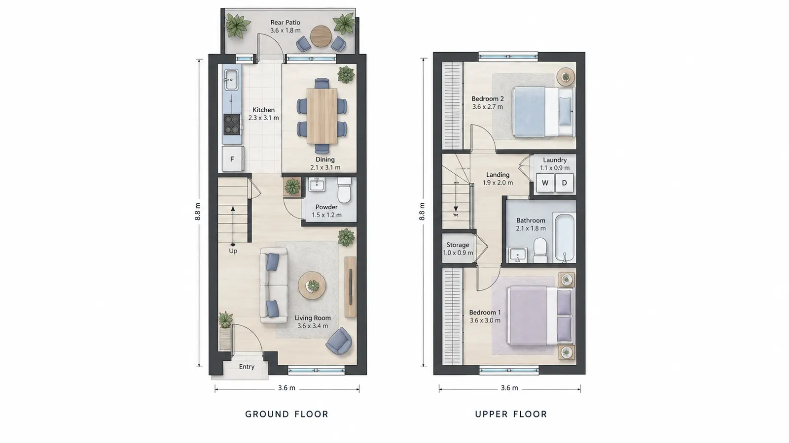 Un plan 2D détaillé de maison de ville avec zones salon, salle à manger, cuisine et chambres connectées sur une emprise étroite