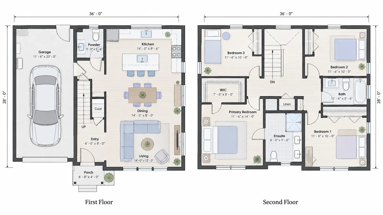 Un plan 2D détaillé de maison à deux étages montrant un rez-de-chaussée nommé avec espaces de vie partagés et circulation