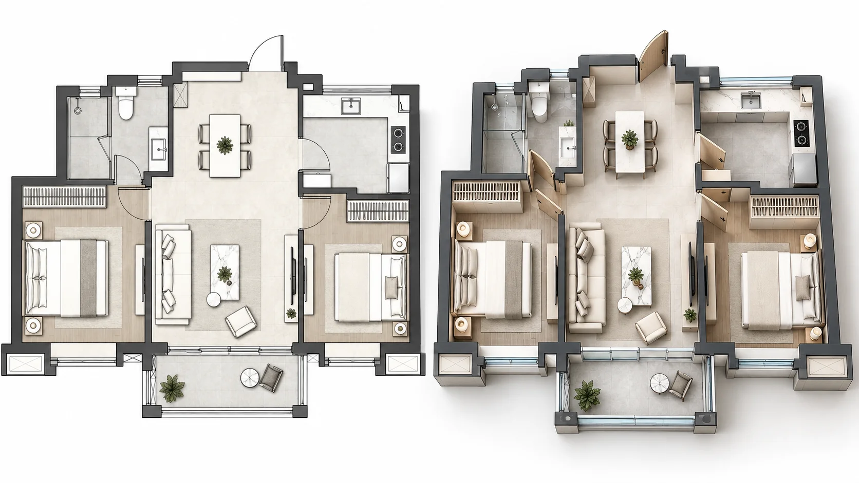 Apartment floor plan converted into a furnished realistic 3D interior design