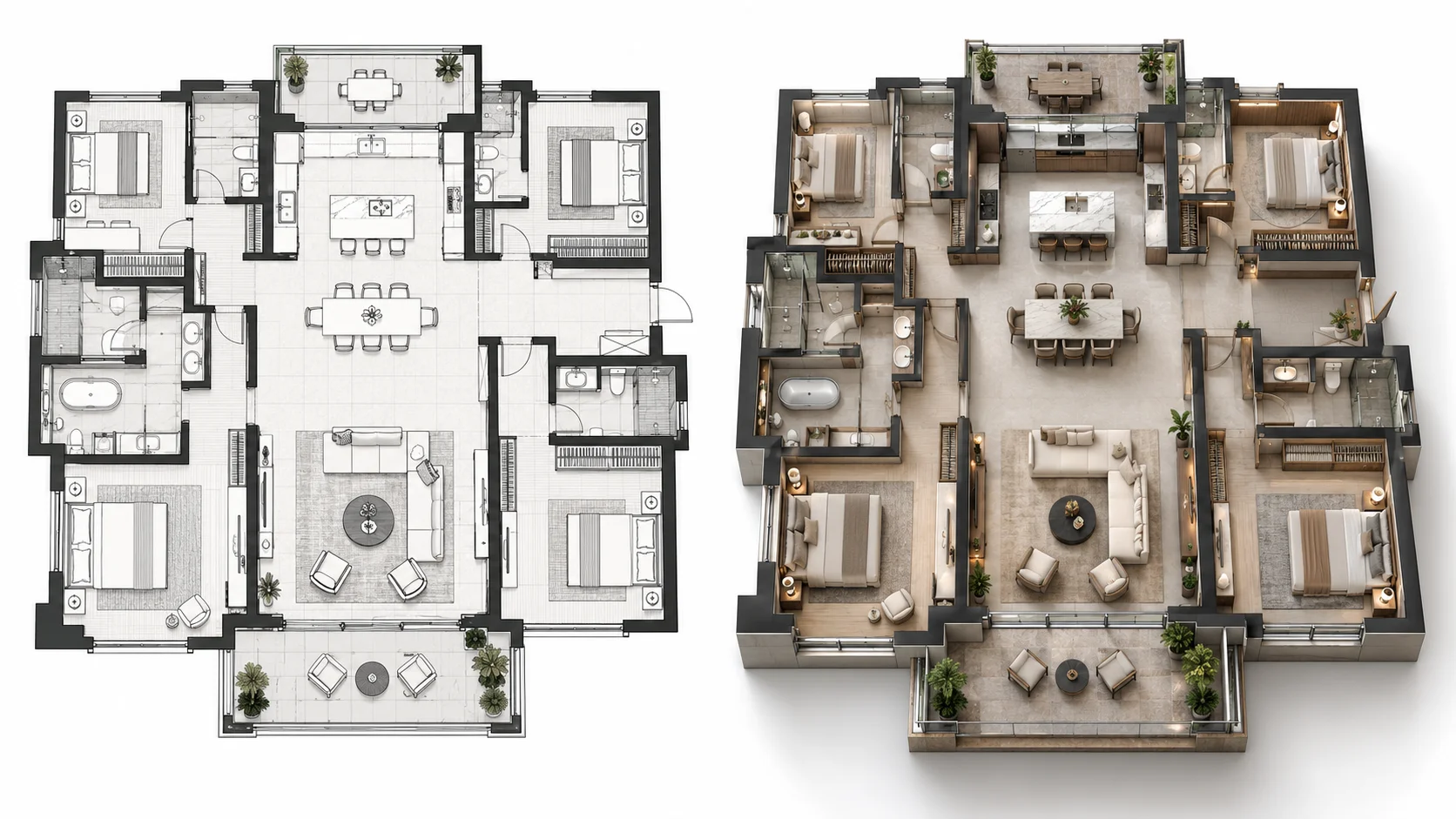 Large residential floor plan converted into a luxury 3D interior design visualization
