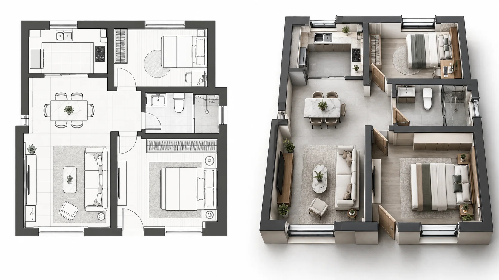 Residential floor plan converted into a modern furnished 3D interior design