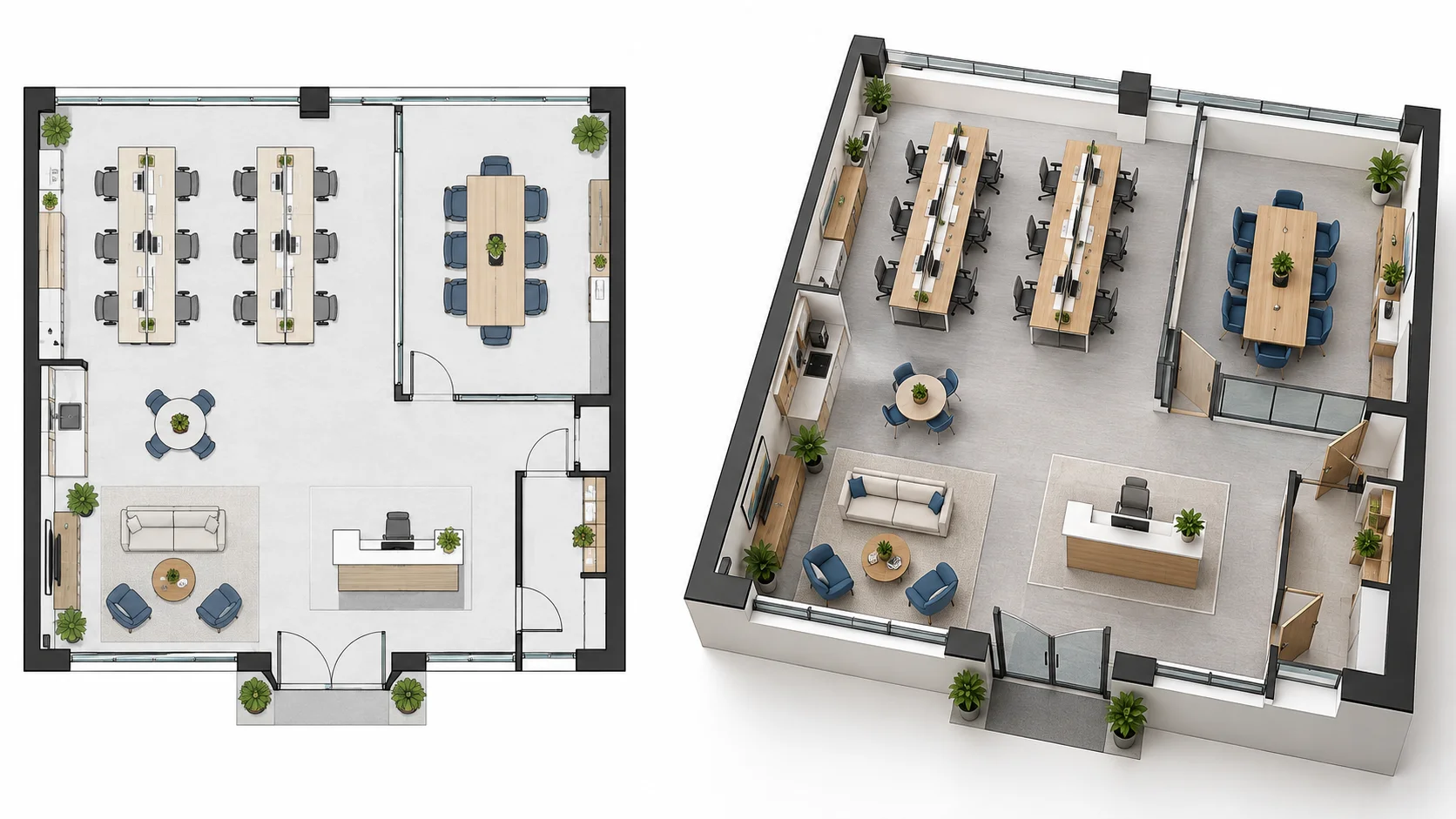 Office floor plan transformed into a furnished 3D interior workspace