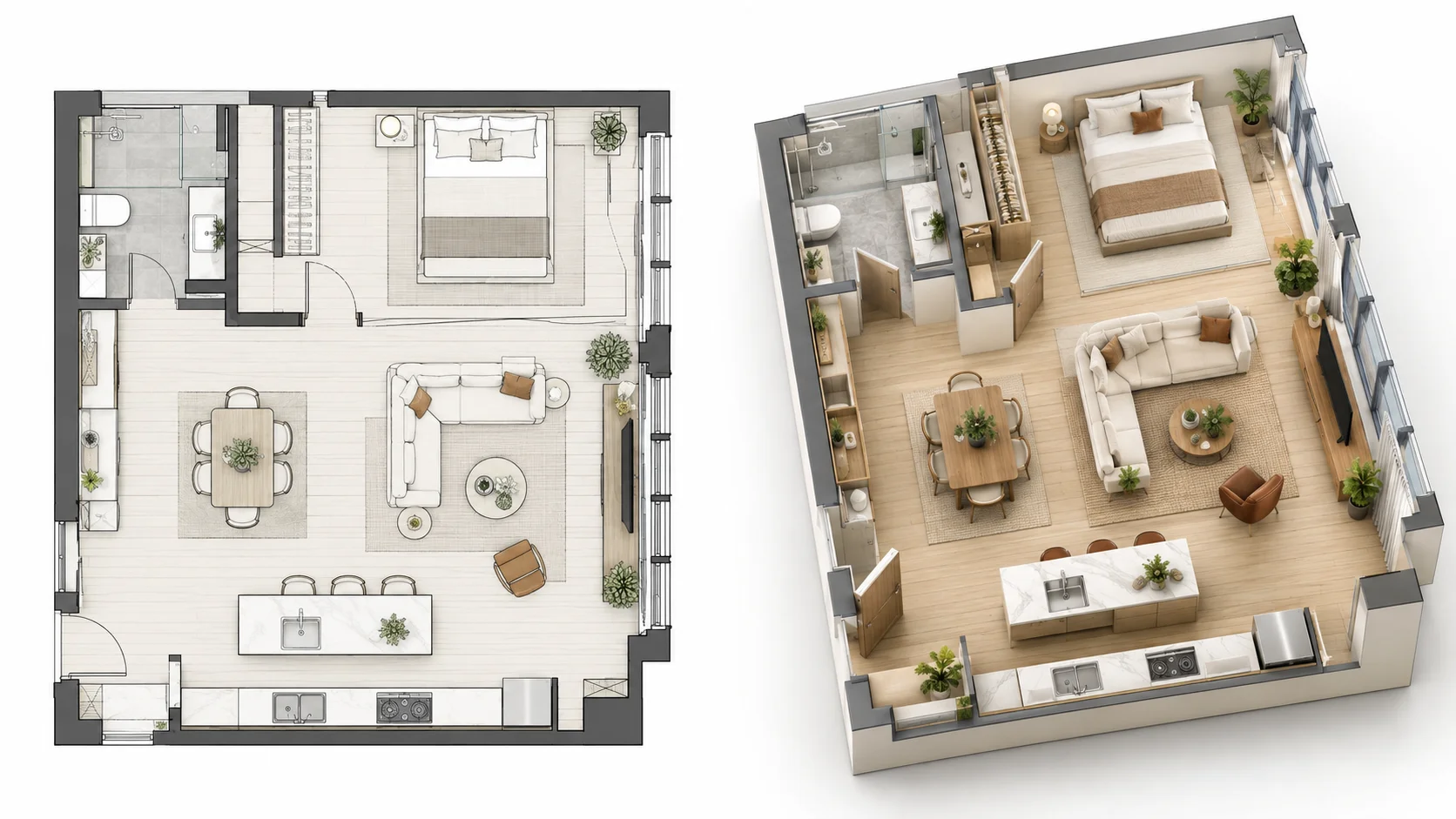 Open-plan home floor plan transformed into a modern 3D interior visualization