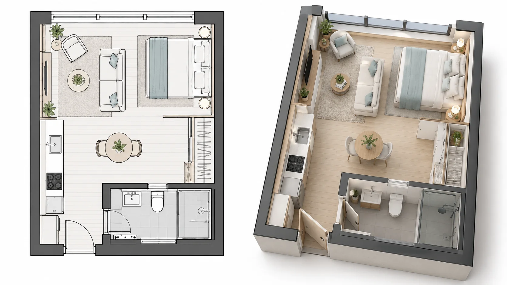 Studio floor plan transformed into a bright Scandinavian 3D interior visualization
