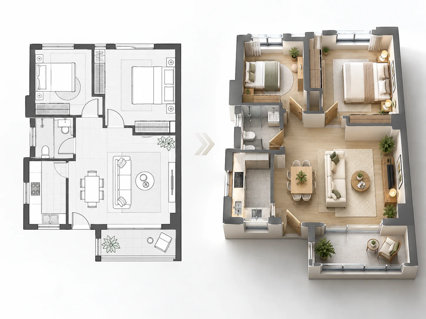 2D floor plan transformed into a furnished 3D interior design visualization with AI